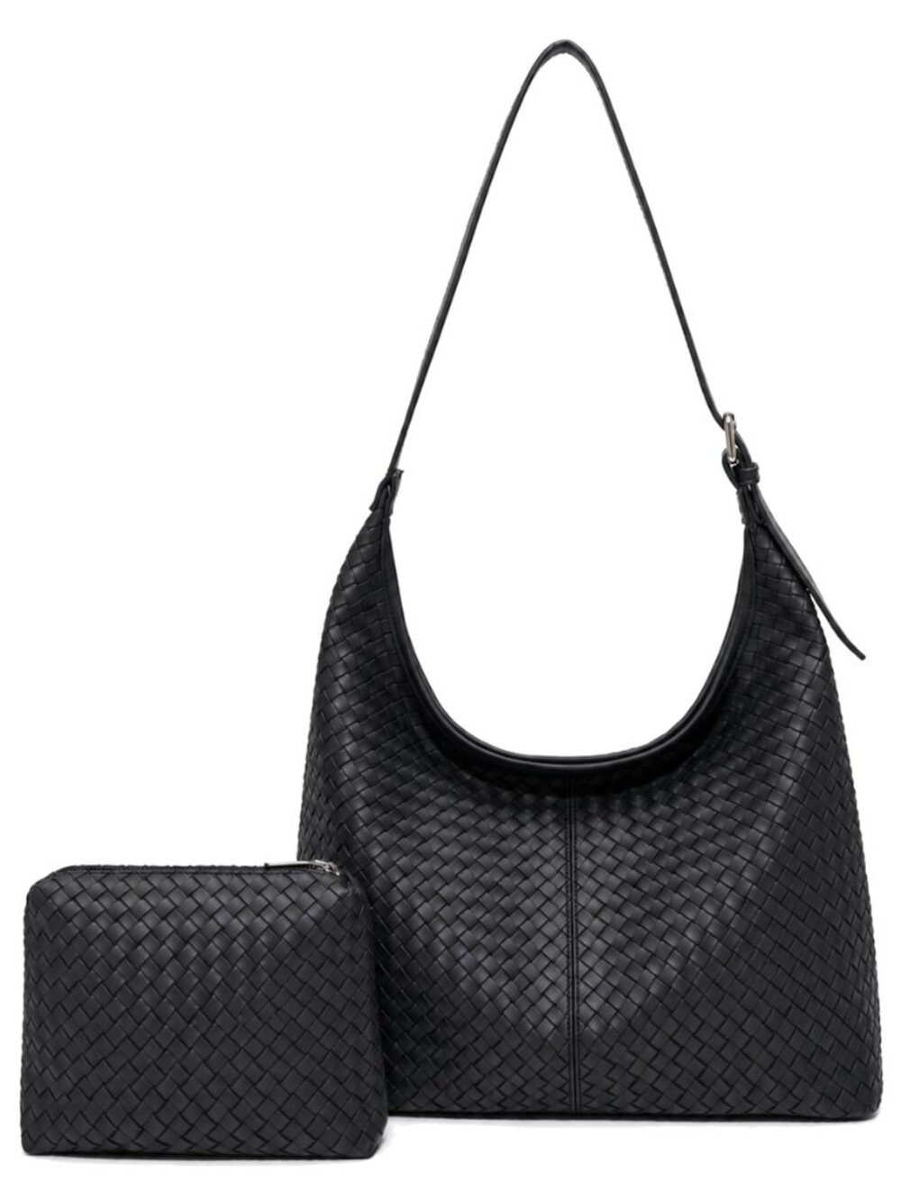 Woven Tote Bag for Women, PU Leather Slouchy Shoulder Bag with Pouch